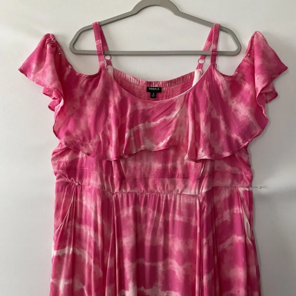Torrid Cold Shoulder Ruffle Tie Dye Midi Dress Pink Rayon Women Size 3X - Picture 3 of 13